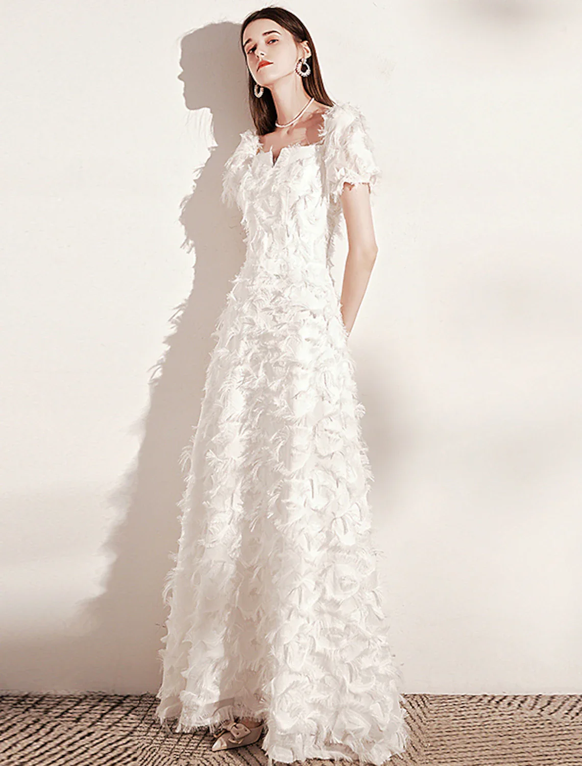 A-Line Evening Gown Minimalist Dress Wedding Guest Floor Length Short Sleeve Scoop Neck Nylon with Feather Pure Color - TREBLEV