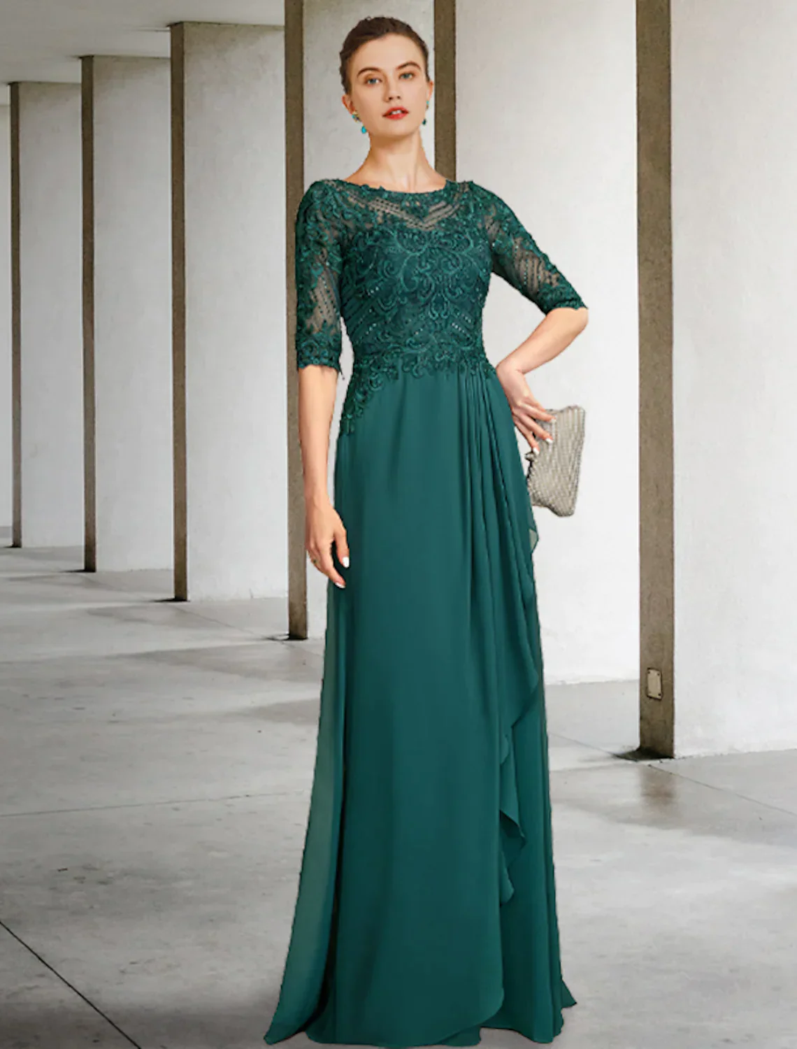 A-Line Mother of the Bride Dress Elegant Floor Length Chiffon Lace Half Sleeve Pleats Beading Appliques - TREBLEV