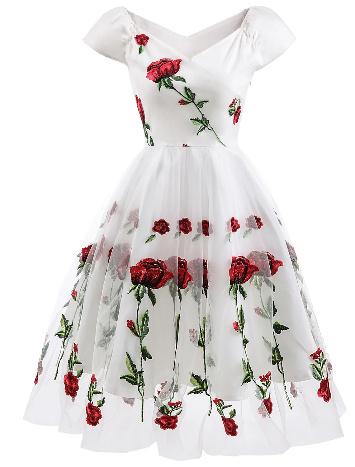 A-Line Cocktail Dresses Party Dress Holiday Knee Length Short Sleeve Off Shoulder Organza with Embroidery Appliques - TREBLEV