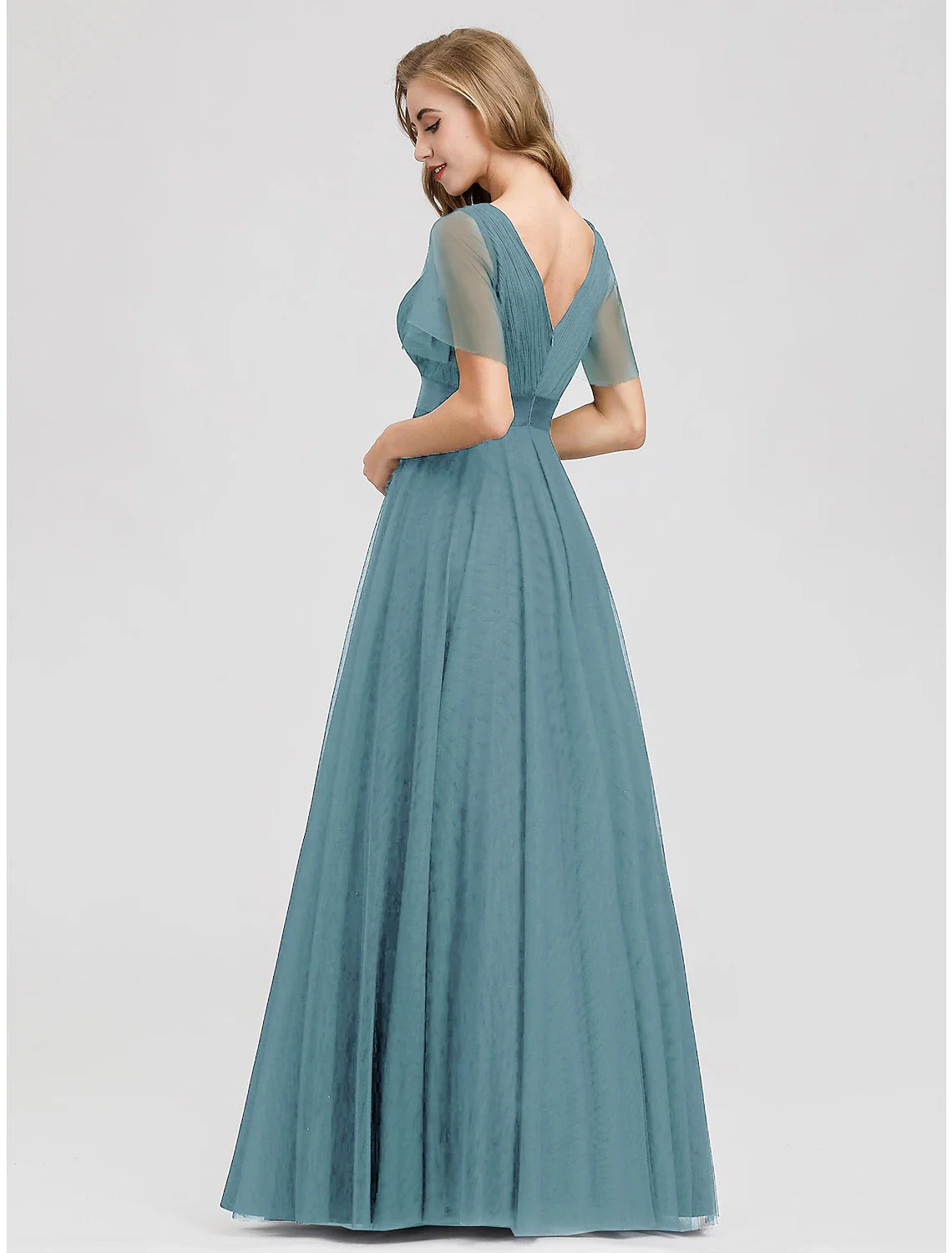 A-Line Empire Wedding Guest Prom Dress V Neck V Back Short Sleeve Floor Length Chiffon with Pleats Ruched - TREBLEV