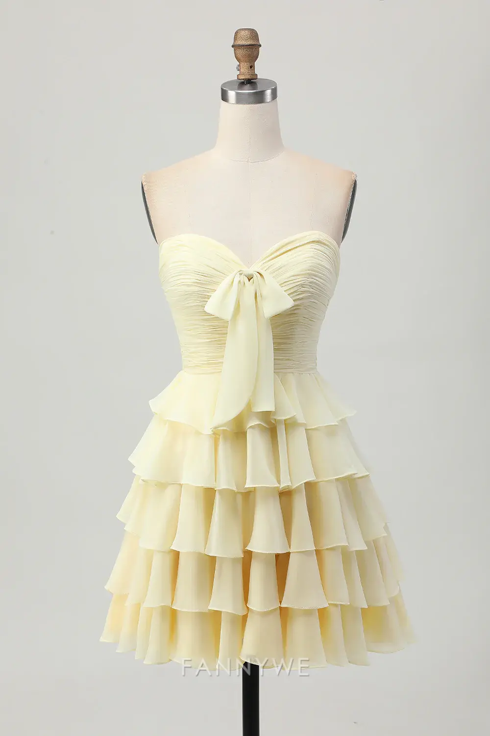 FannyWe Elegant Homecoming Dresses Light Yellow Sweetheart Ruched Ruffled Short Homecoming Dress with Bow hot sale - TREBLEV