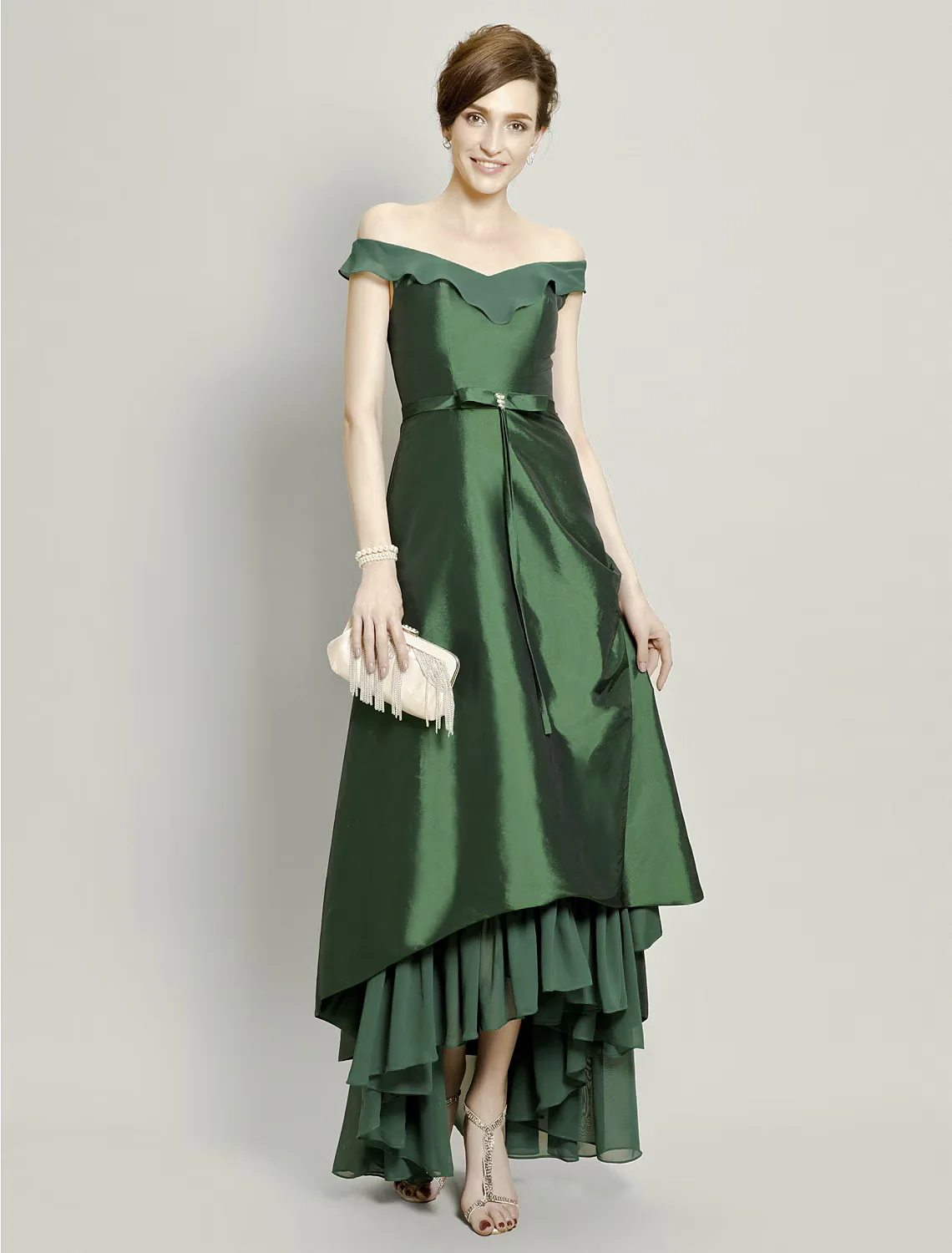 A-Line Mother of the Bride Dress Elegant High Low Off Shoulder Asymmetrical Chiffon Short Sleeve with Pick Up Skirt Bow(s) Beading - TREBLEV