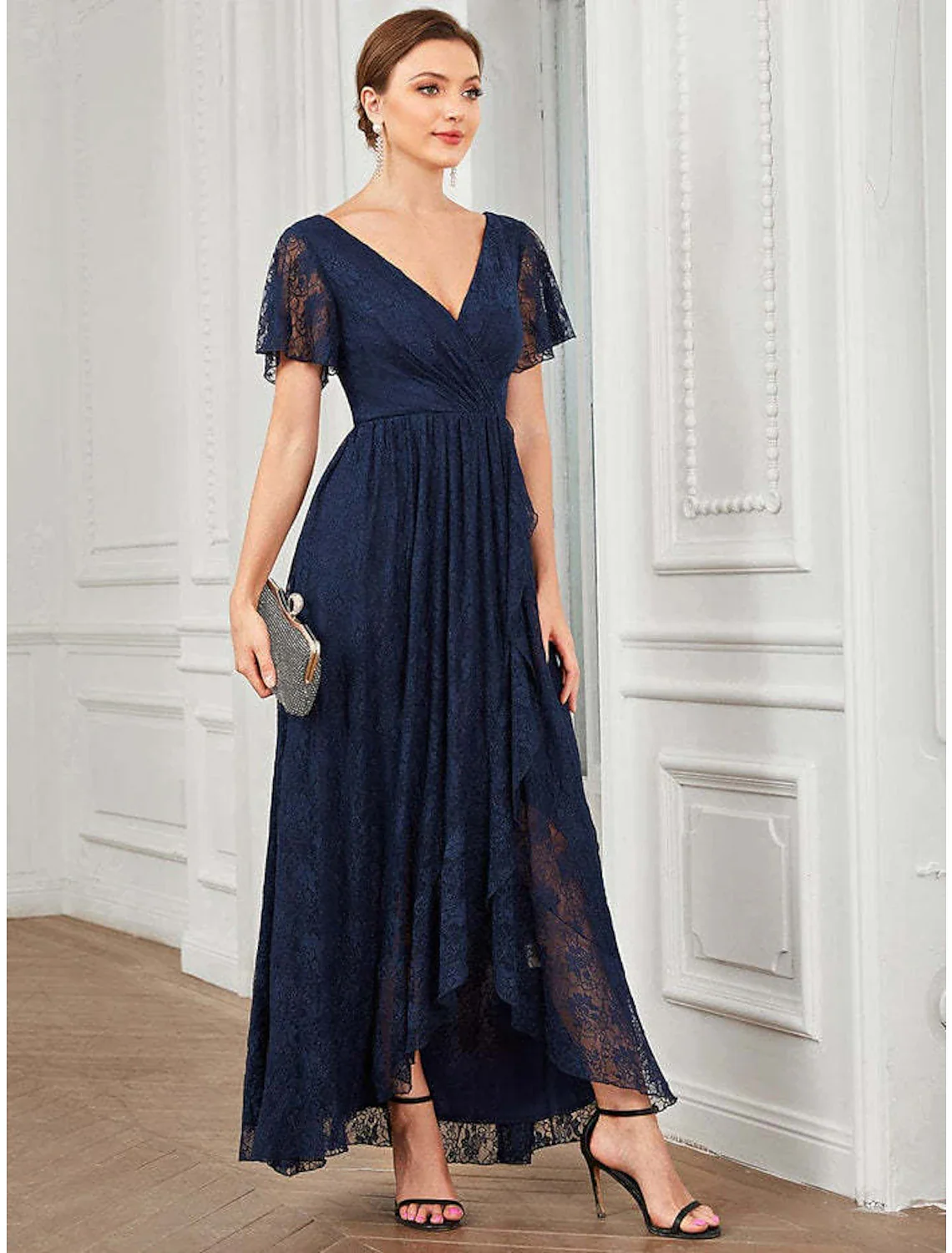 A-Line Wedding Guest Dresses Elegant Dress Holiday Asymmetrical Short Sleeve V Neck Lace with Appliques - TREBLEV