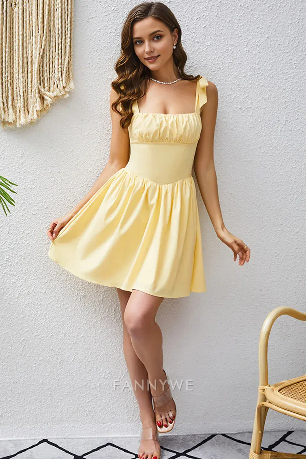 FannyWe Elegant A Line Yellow Square Neck Short Homecoming Dress hot sale - TREBLEV