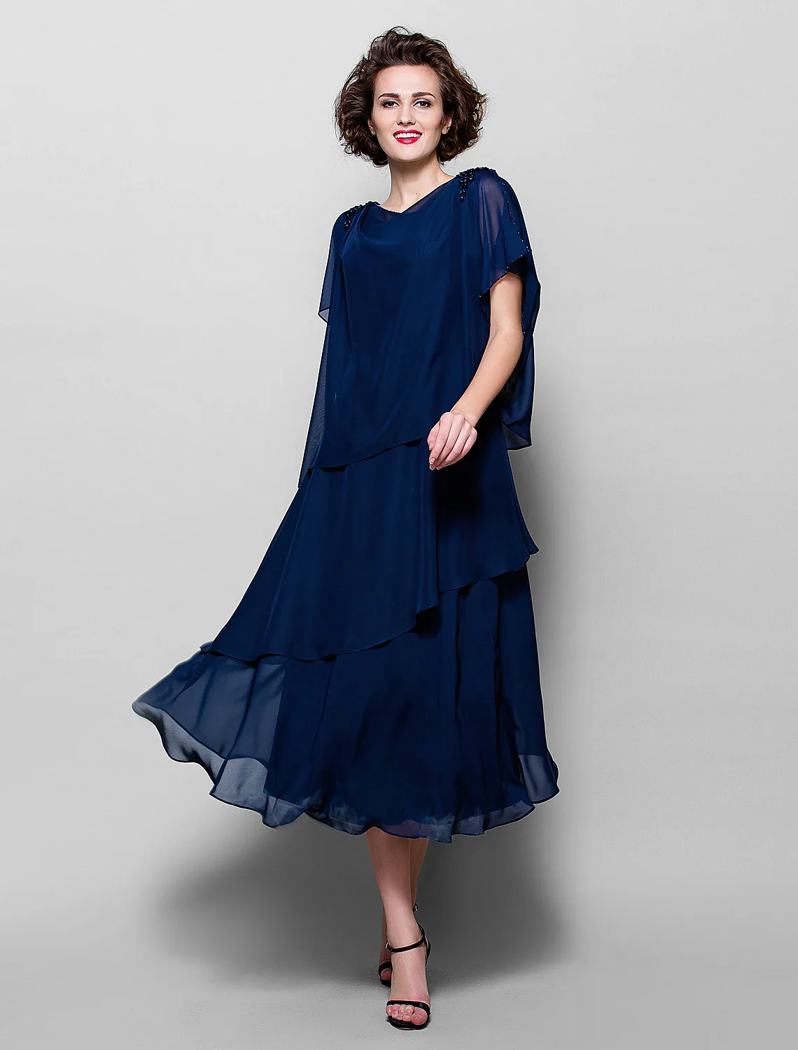 A-Line Mother of the Bride Dress Plus Size Elegant Cowl Neck Tea Length Chiffon Short Sleeve with Ruffles Crystal Brooch - TREBLEV