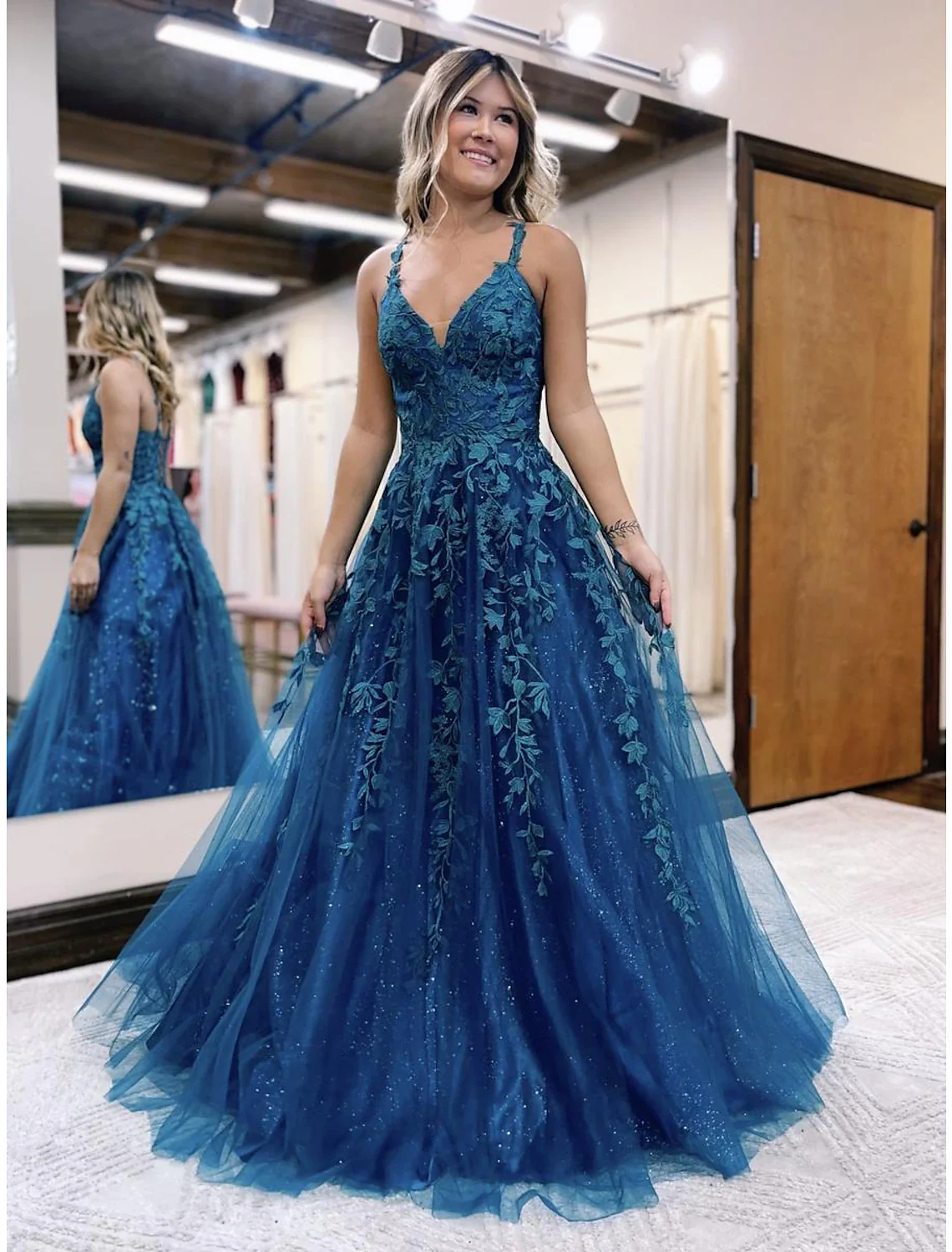Ball Gown A-Line Prom Dresses Sparkle & Shine Dress Formal Floor Length Sleeveless V Neck Tulle Backless with Glitter Appliques - TREBLEV