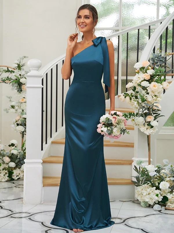 Sheath/Column Silk like Satin Bowknot One-Shoulder Sleeveless Floor-Length Bridesmaid Dresses - TREBLEV