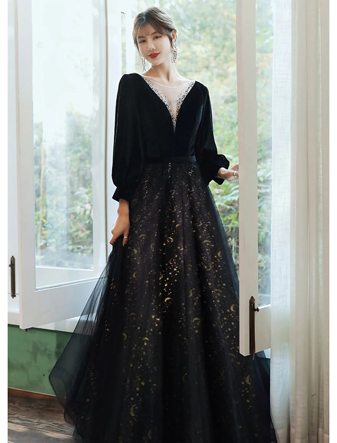 A-Line Evening Gown Dress Wedding Floor Length Long Sleeve V Neck Satin with Crystals Sequin - TREBLEV