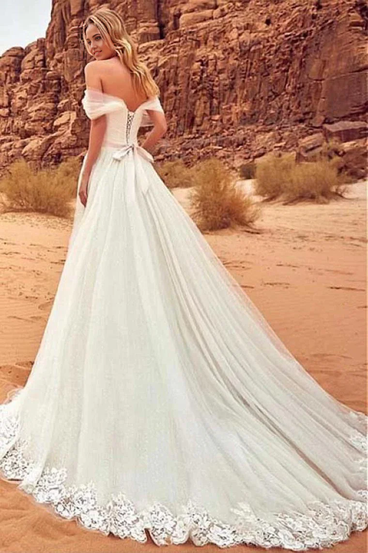Beach A-line Off The Shoulder Tulle Appliques Long Wedding Dress - TREBLEV