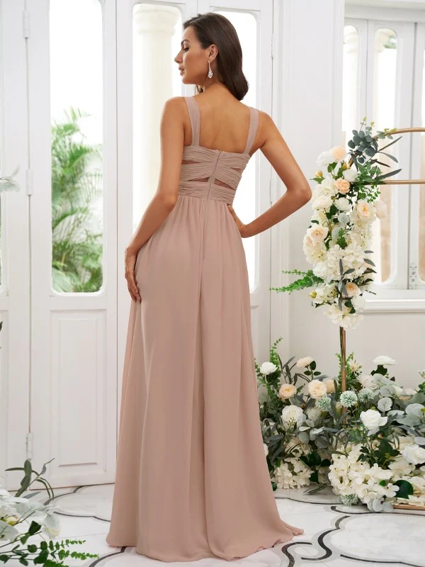A-Line/Princess Chiffon Ruched Straps Sleeveless Floor-Length Bridesmaid Dresses - TREBLEV