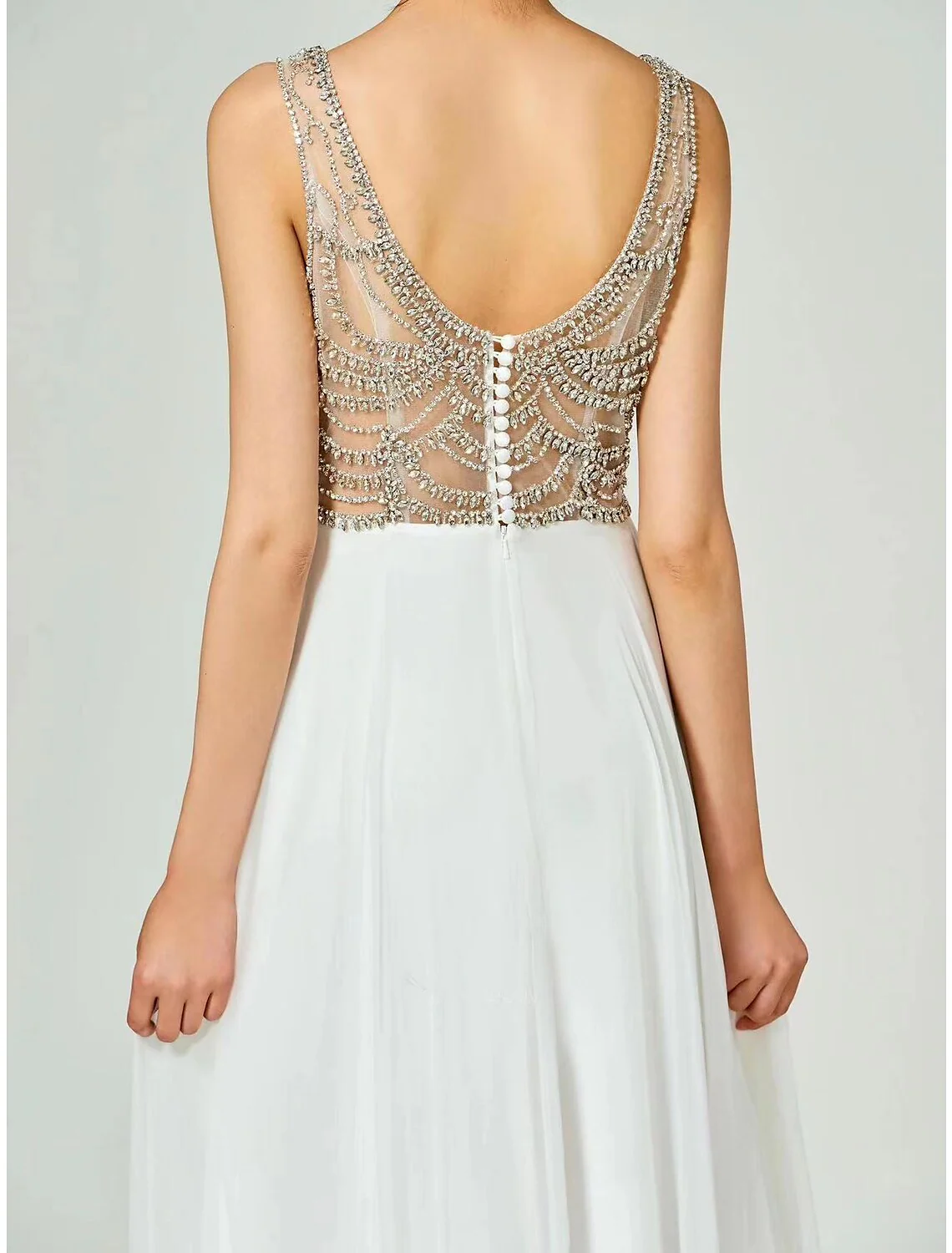 A-Line Evening Gown Open Back Dress Formal Floor Length Sleeveless V Neck Chiffon with Rhinestone - TREBLEV