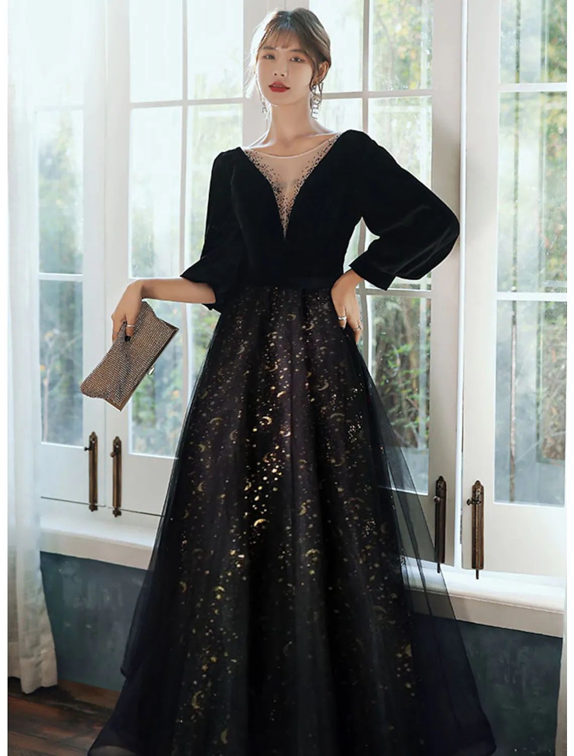 A-Line Evening Gown Dress Wedding Floor Length Long Sleeve V Neck Satin with Crystals Sequin - TREBLEV