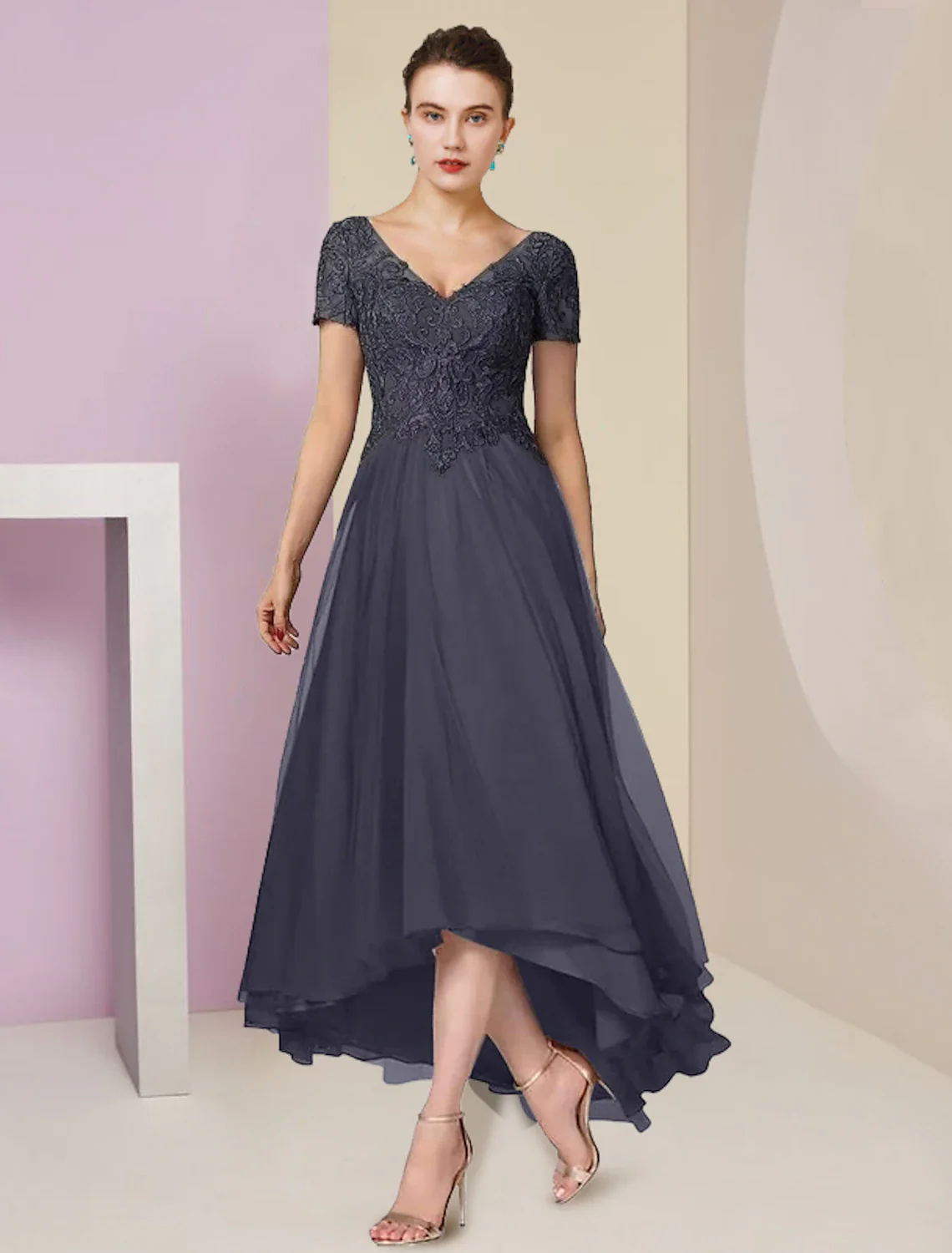 Two Piece A-Line Mother of the Bride Dress Formal Wedding Guest Elegant High Low V Neck Asymmetrical Tea Length Chiffon Lace Short Sleeve Wrap Included with Appliques - TREBLEV