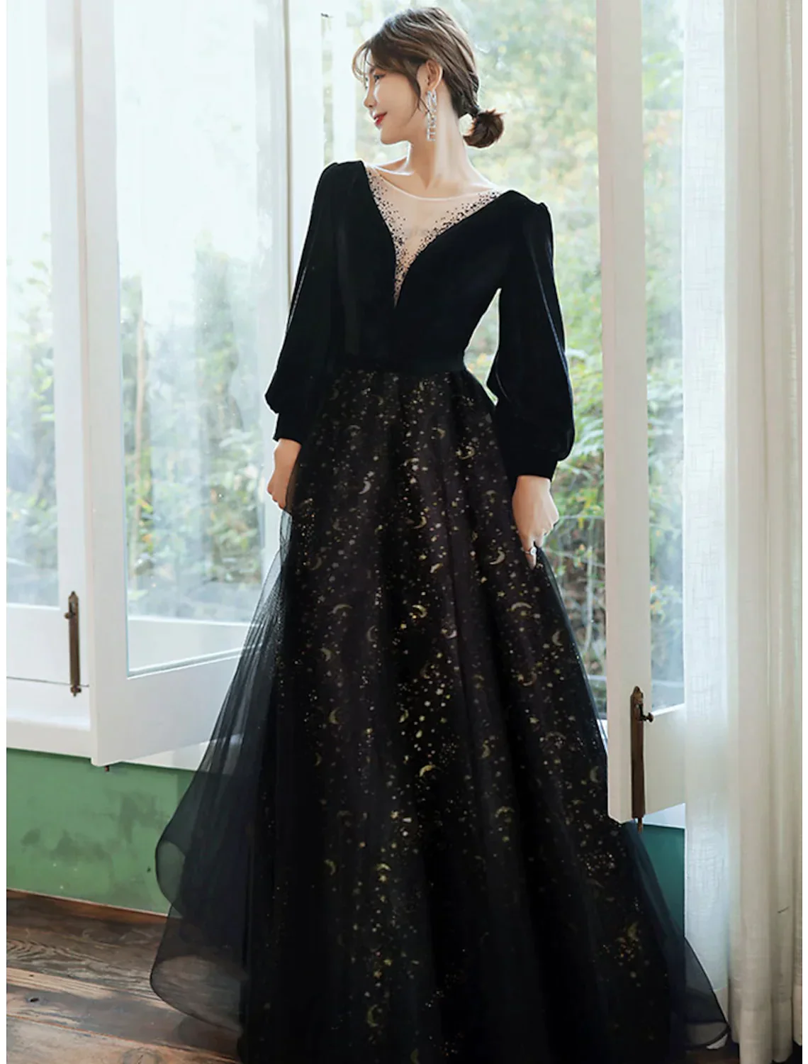 A-Line Evening Gown Dress Wedding Floor Length Long Sleeve V Neck Satin with Crystals Sequin - TREBLEV