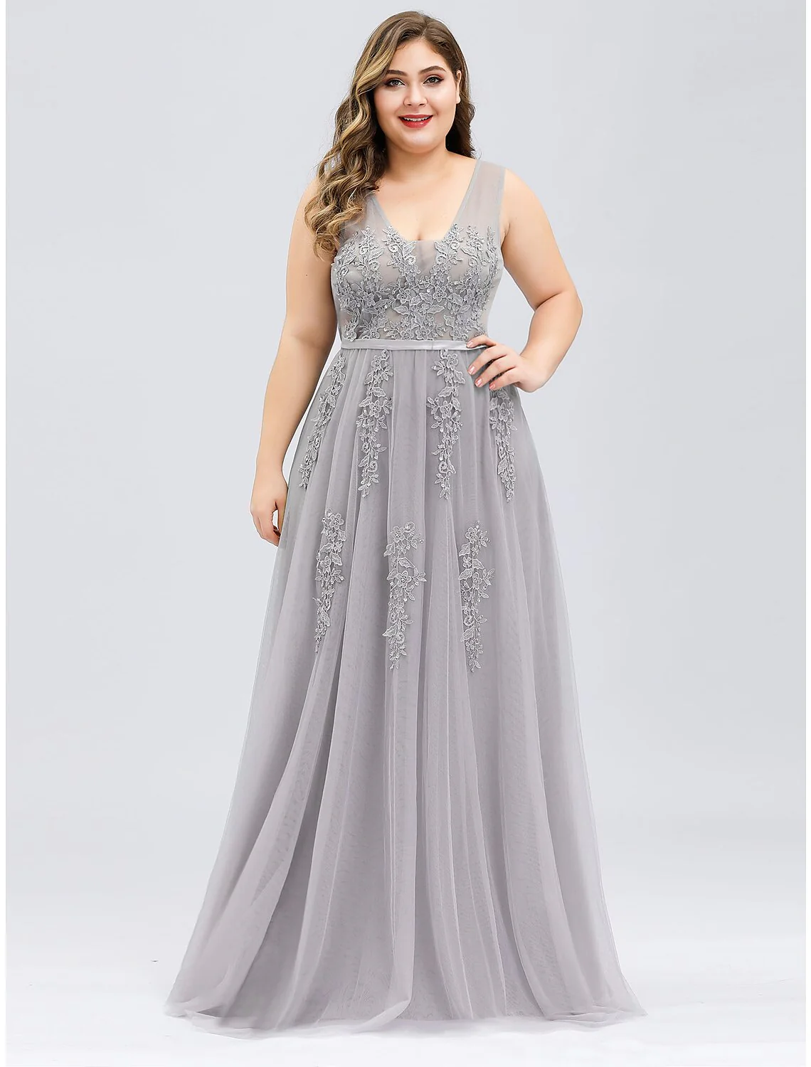 A-Line Prom Dresses Plus Size Dress Prom Floor Length Sleeveless V Neck Tulle V Back with Beading Appliques - TREBLEV