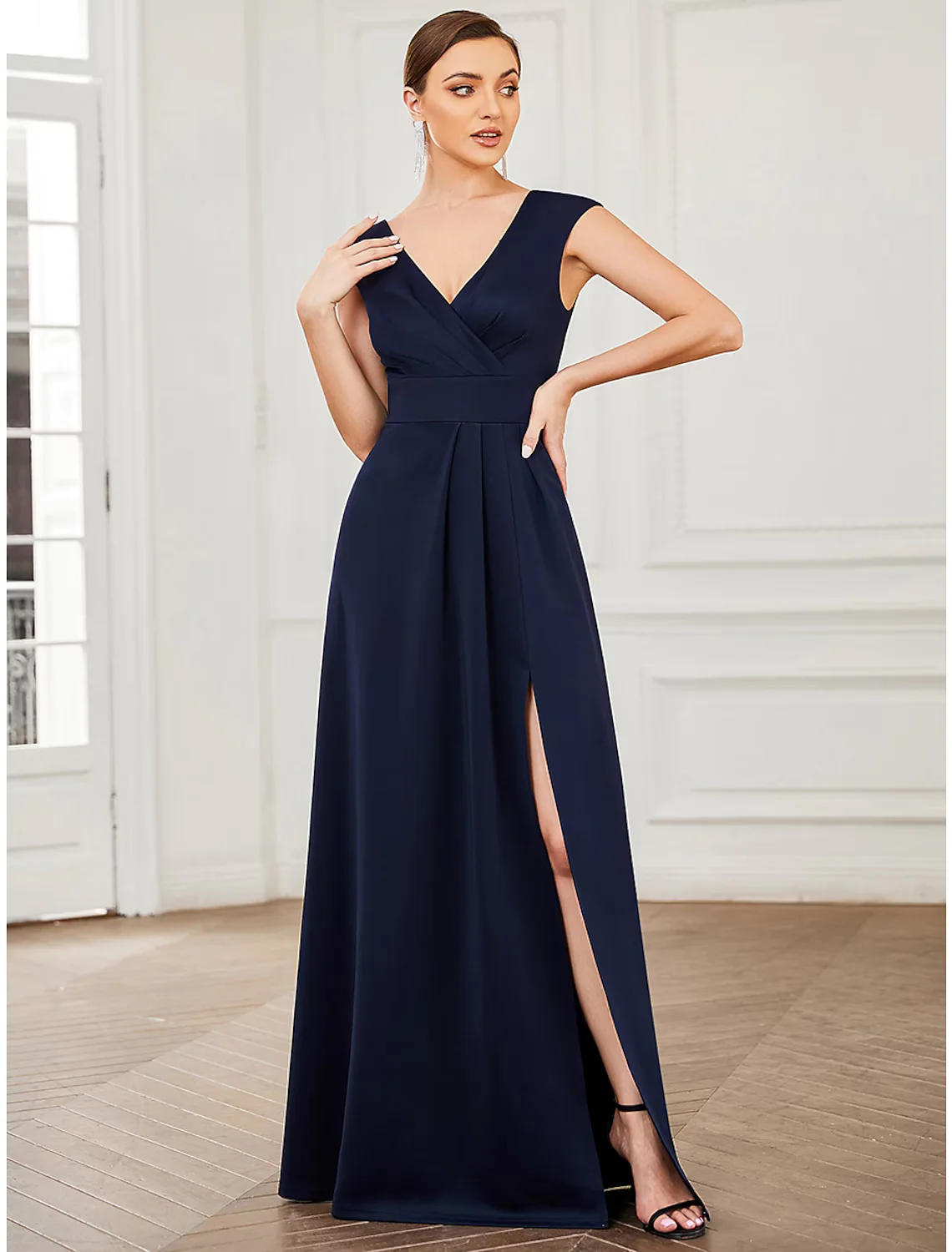 A-Line Evening Gown Elegant Dress Formal Floor Length Sleeveless V Neck Polyester V Back with Draping Slit - TREBLEV