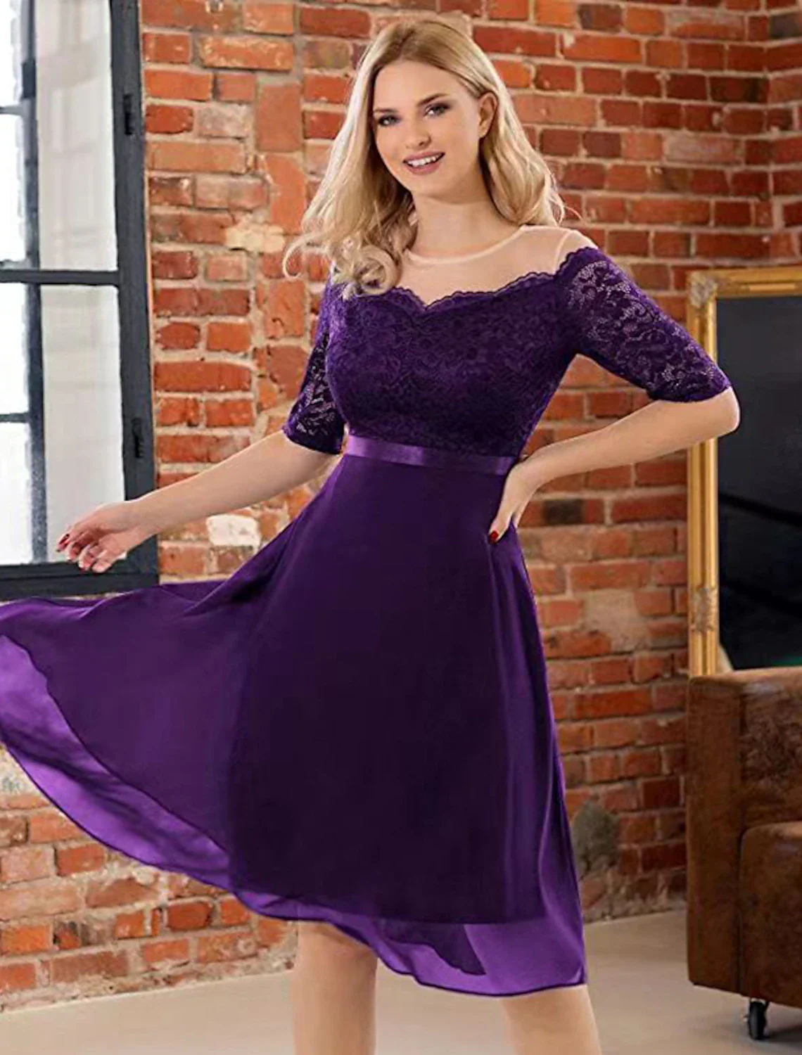 A-Line Cocktail Dresses Minimalist Dress Party Wear Knee Length Half Sleeve Jewel Neck Lace with Pleats - TREBLEV