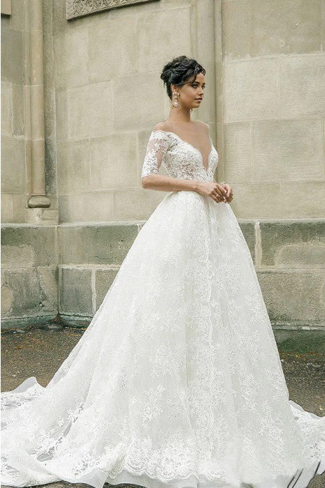 A-line Deep V-neck Lace Applique Half Sleeves Sheer Ball Gown Back Wedding Dresses - TREBLEV