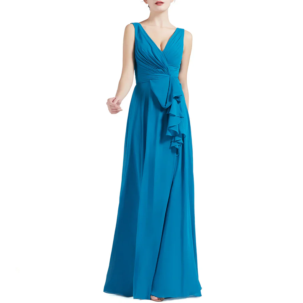 A Line V Neck Long Pleated Wedding Party Bridesmaid Dresses - TREBLEV