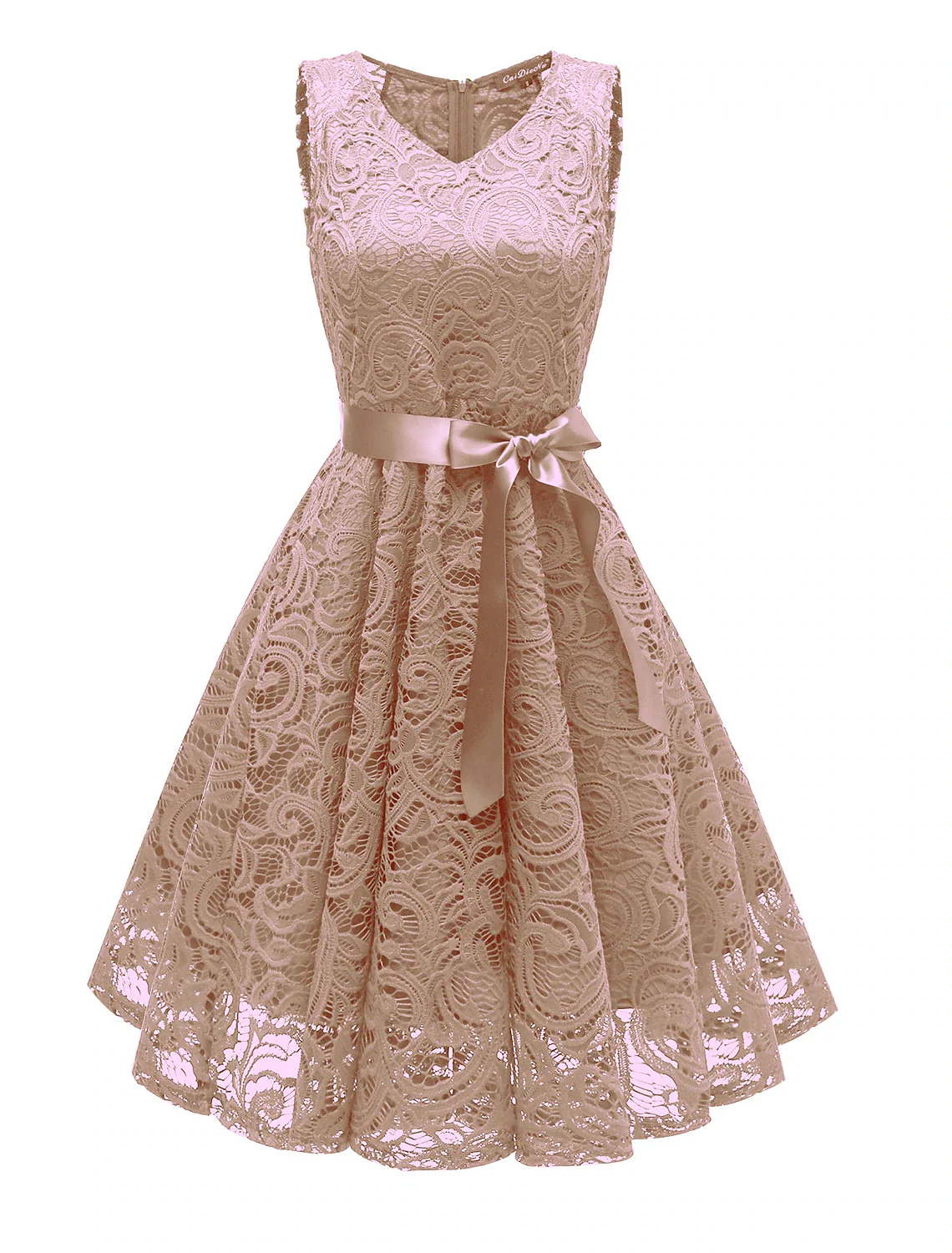 A-Line Cocktail Dresses Minimalist Dress Homecoming Short / Mini Sleeveless V Neck Lace with Bow(s) Pleats - TREBLEV