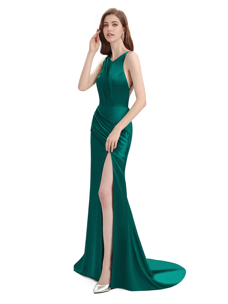 Mermaid Backless Floor-Length Satin formal dresses evening gown Bridesmaid Dresses With Side Slit - TREBLEV