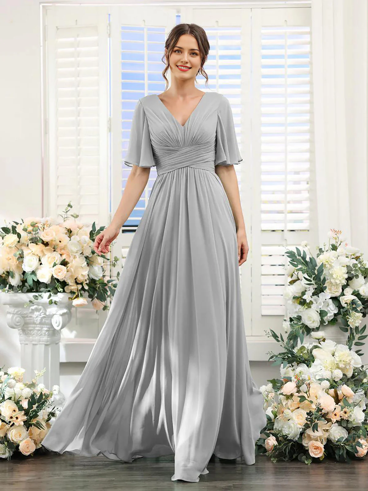 A-Line V Neck Sleeve Long Chiffon Formal Party Dresses for Wedding Guest Bridesmaid Dress - TREBLEV