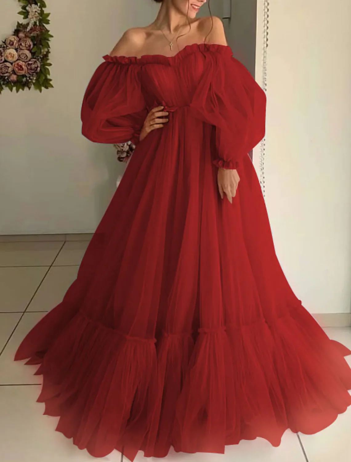 A-Line Elegant Engagement Prom Dress Off Shoulder Long Sleeve Floor Length Tulle Pleats Appliques - TREBLEV