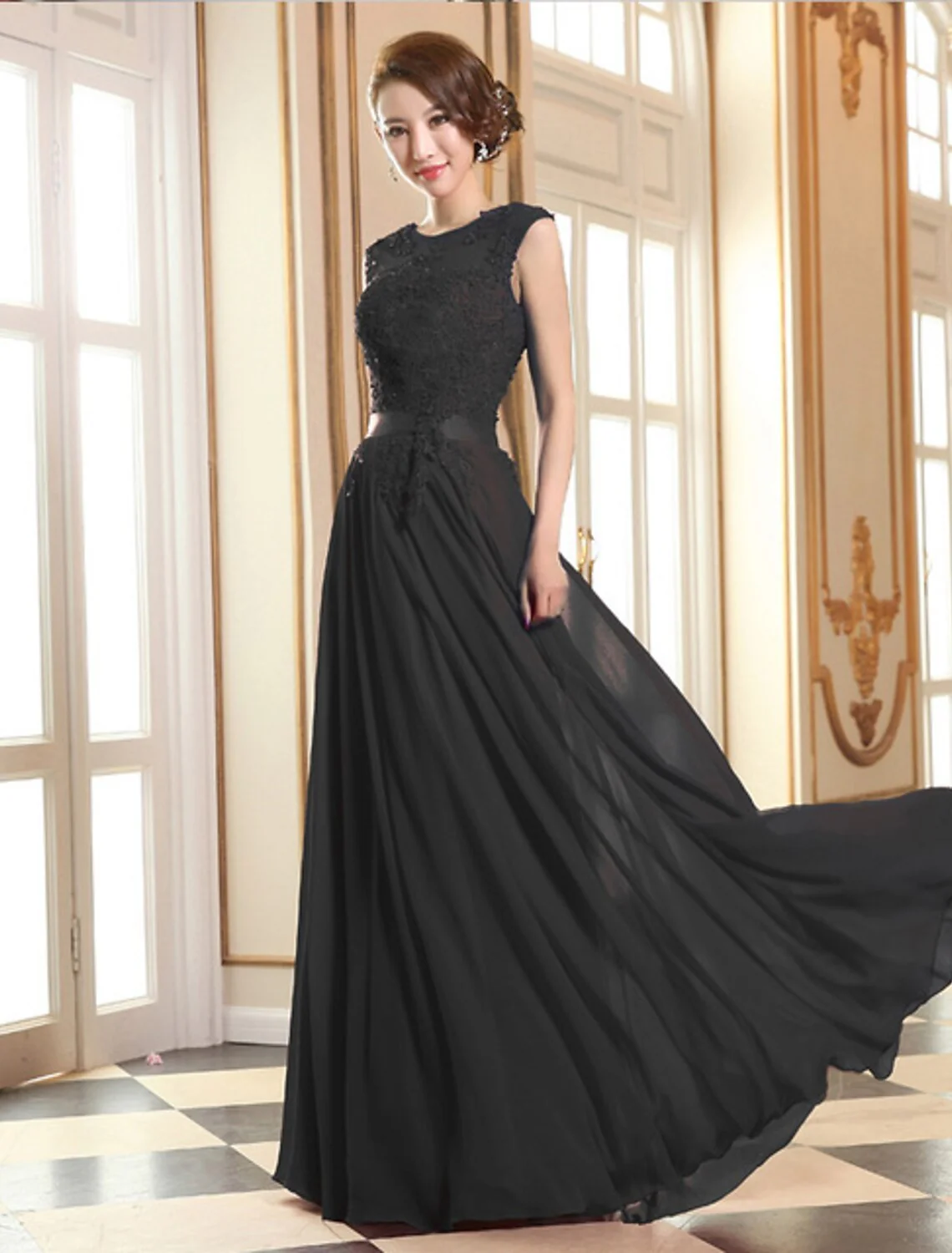 A-Line Evening Gown High Waisted Prom Dress Bridesmaid Wedding Guest Chiffon Floor Length Sleeveless Illusion Neck Georgette with Appliques - TREBLEV