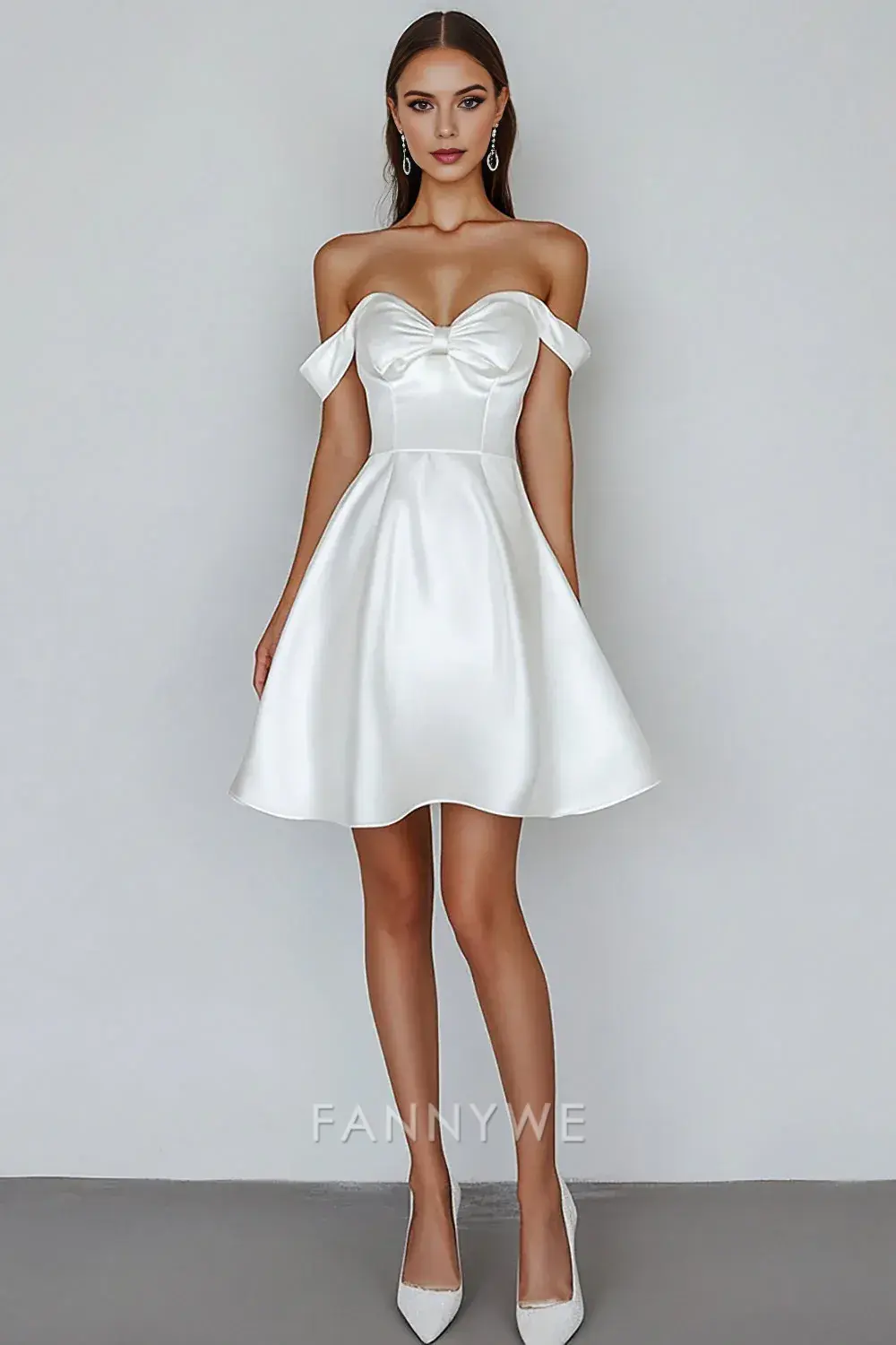FannyWe Elegant A Line White Satin Off the Shoulder Short Graduation Dress - TREBLEV