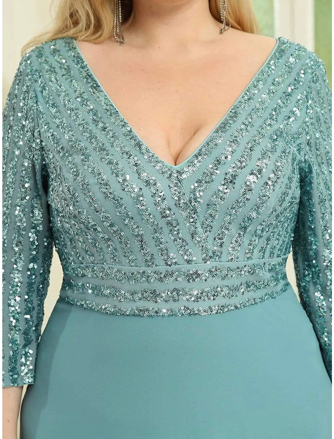 A-Line Evening Gown Plus Size Dress Wedding Guest Floor Length Length Sleeve V Neck Chiffon V Back with Sequin - TREBLEV