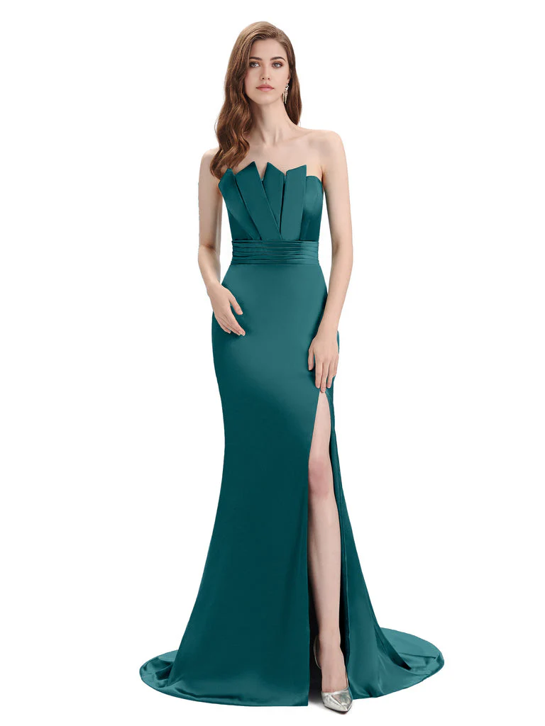 Mermaid Elegant Strapless Split Side Floor-Length Satin formal dresses evening gown Bridesmaid Dresses - TREBLEV
