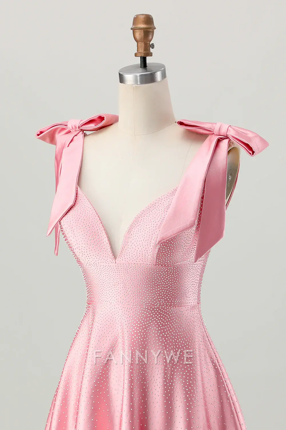 FannyWe Elegant Sparkly Blush Pink A Line Satin Short Beaded Homecoming Dress with Bow - TREBLEV