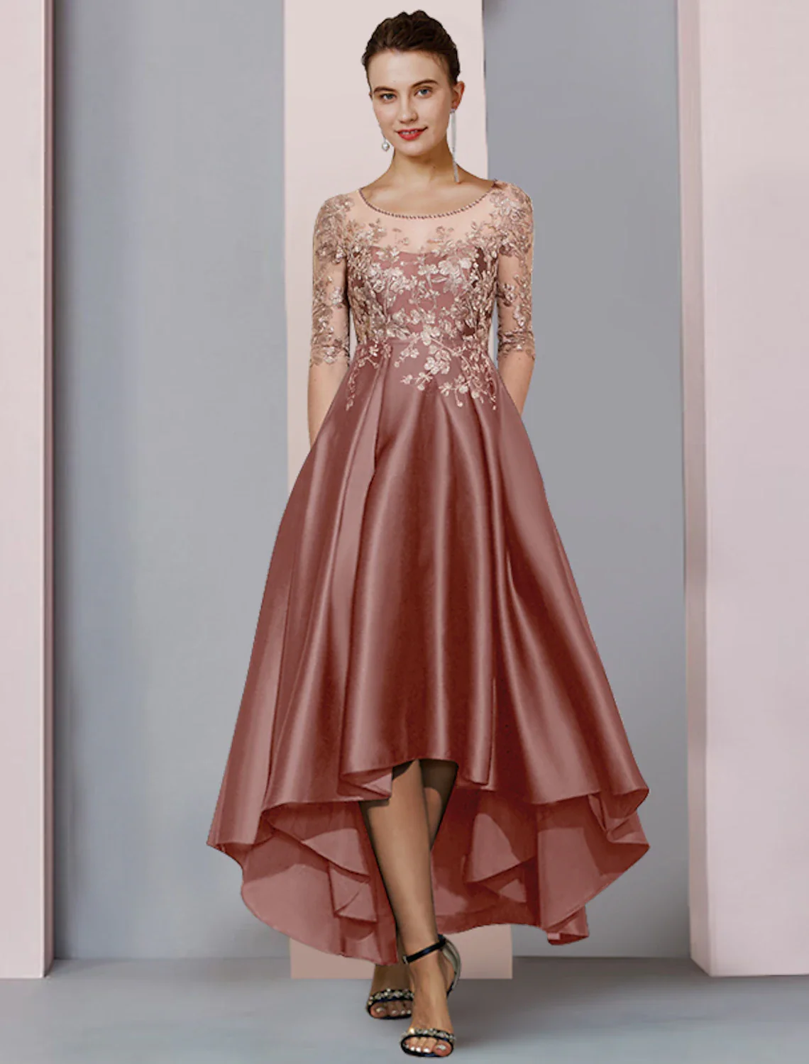 A-Line Mother of the Bride Dress Formal Wedding Guest Party Elegant High Low Scoop Neck Asymmetrical Tea Length Satin Lace Half Sleeve with Pleats Beading Appliques - TREBLEV