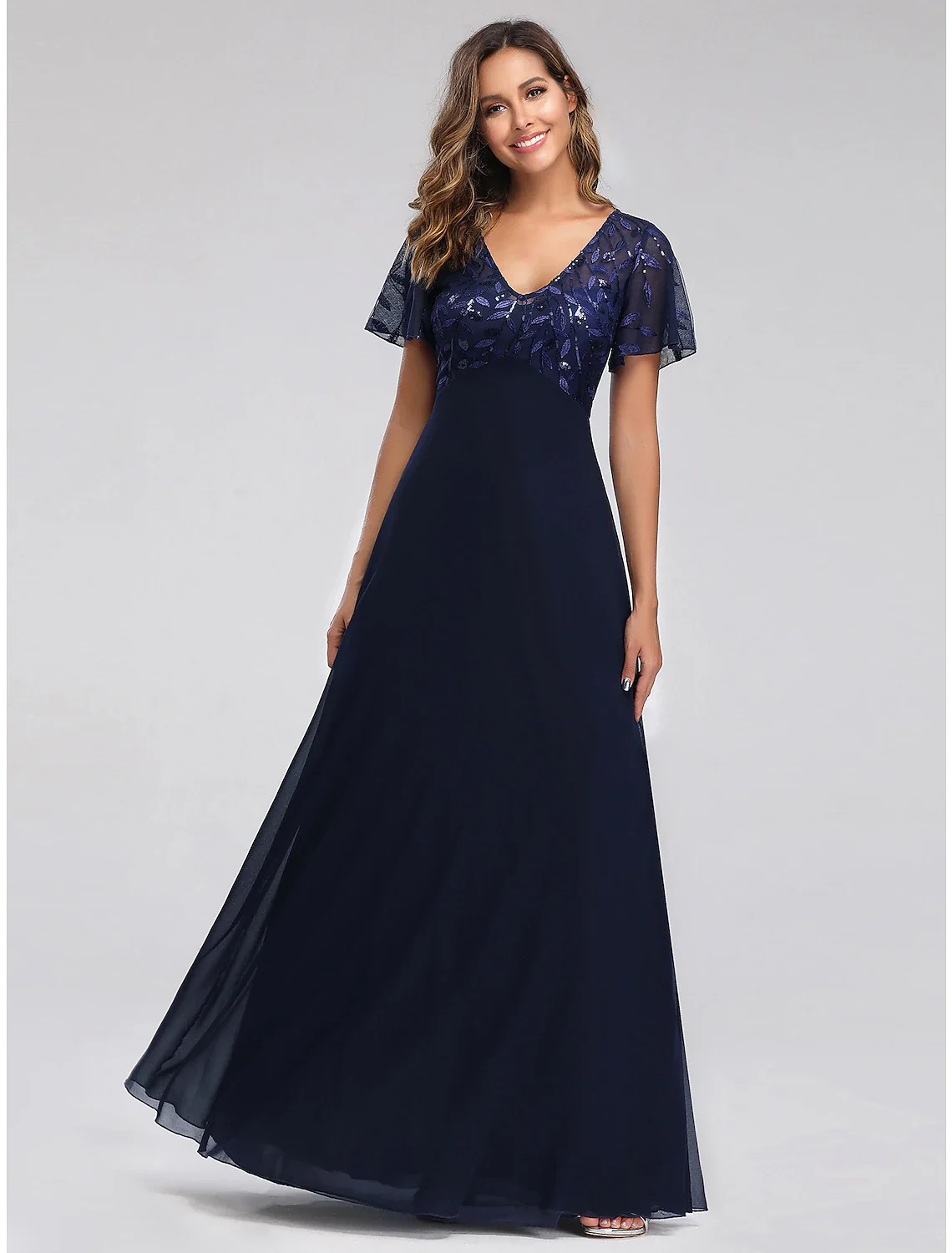 A-Line Empire Party Wear Prom Dress V Neck Short Sleeve Floor Length Tulle with Sequin Appliques - TREBLEV