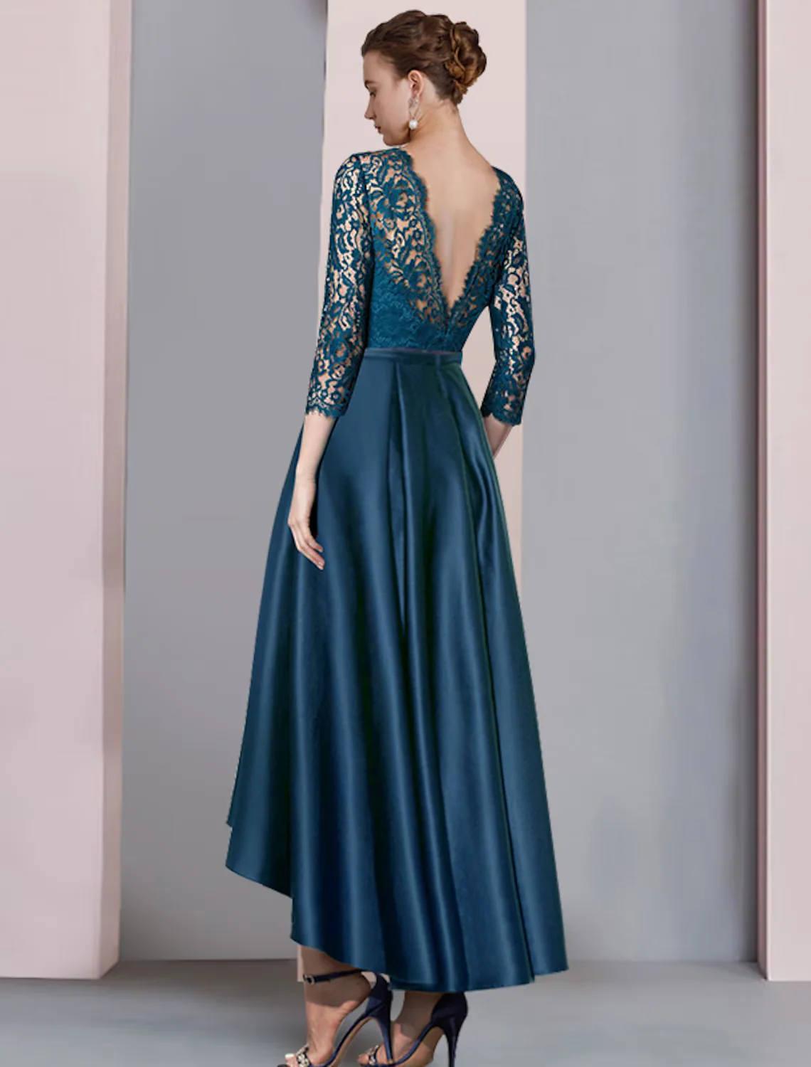 A-Line Mother of the Bride Dress Formal Wedding Guest Elegant High Low Scoop Neck Asymmetrical Satin Lace Half Sleeve with Pleats - TREBLEV