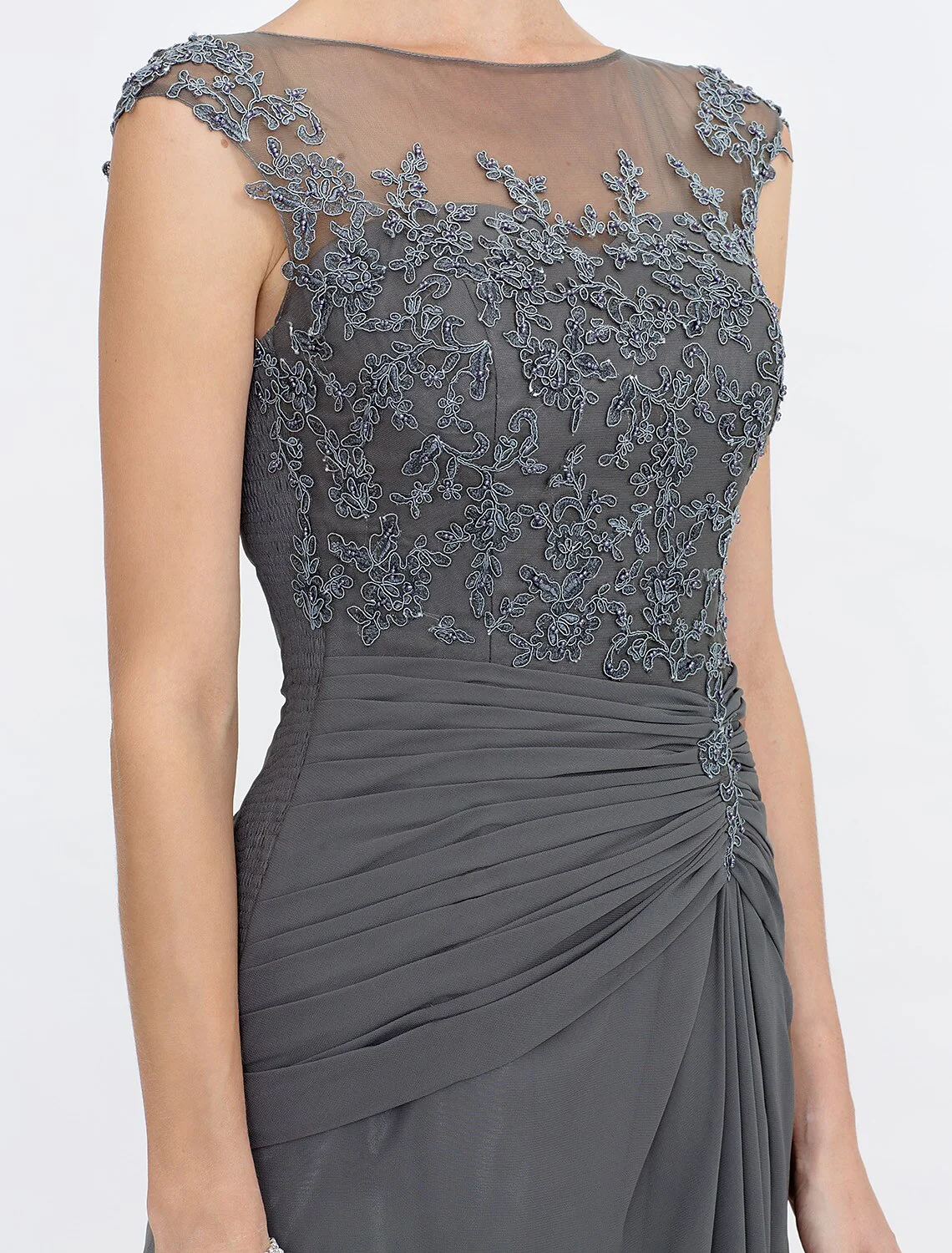 A-Line Mother of the Bride Dress Elegant See Through Bateau Neck Floor Length Chiffon Lace Sleeveless with Side Draping - TREBLEV