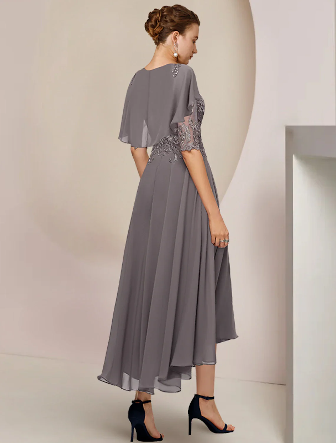A-Line Mother of the Bride Dress Formal Wedding Guest Elegant Scoop Neck Asymmetrical Tea Length Chiffon Lace Half Sleeve with Beading Appliques - TREBLEV