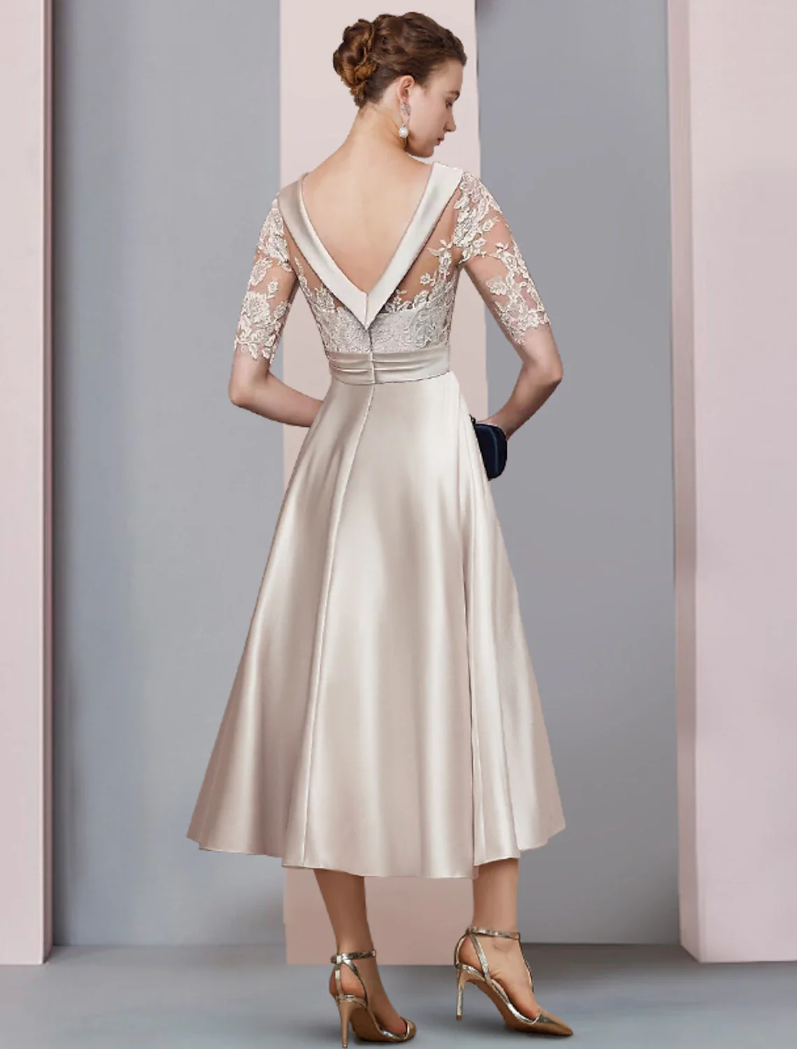 A-Line Mother of the Bride Dress Wedding Guest Vintage Elegant Scoop Neck Tea Length Satin Lace Half Sleeve with Ruched Appliques - TREBLEV