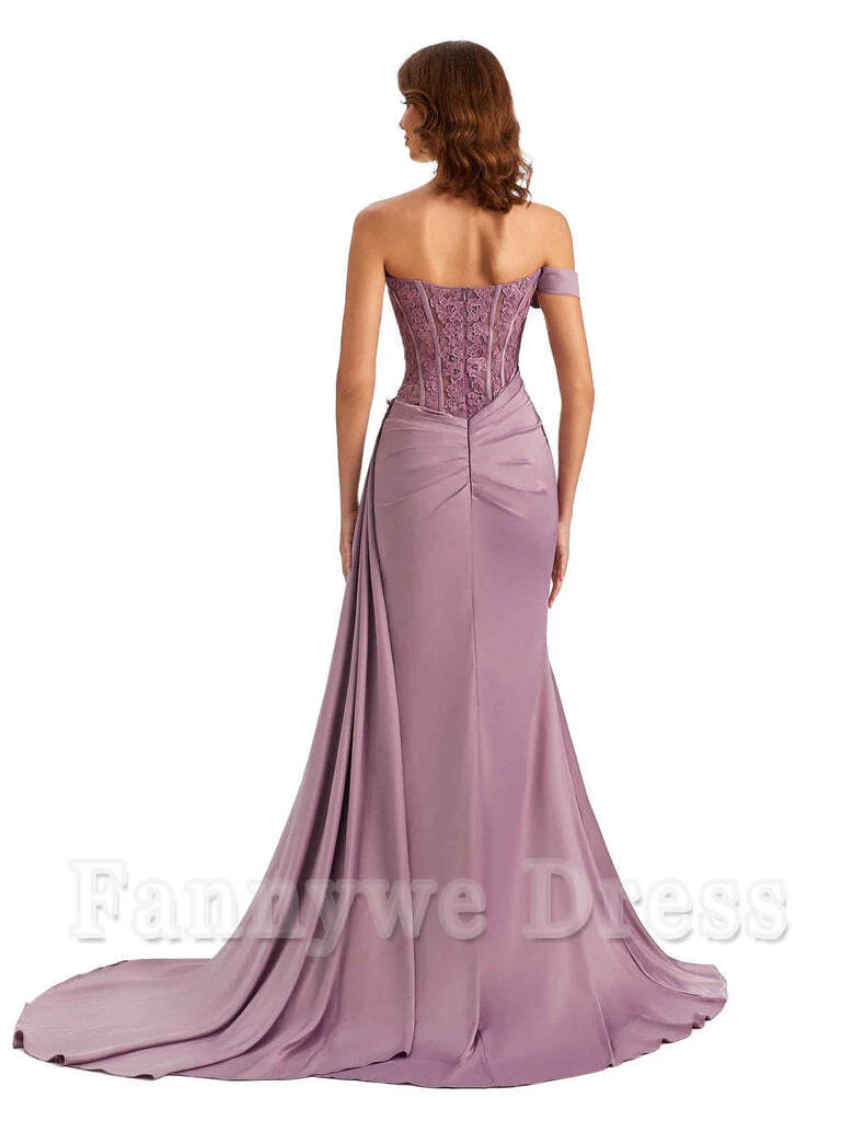 Mermaid Off Shoulder Applique formal dresses evening gown Bridesmaid Dresses With Side Slit - TREBLEV