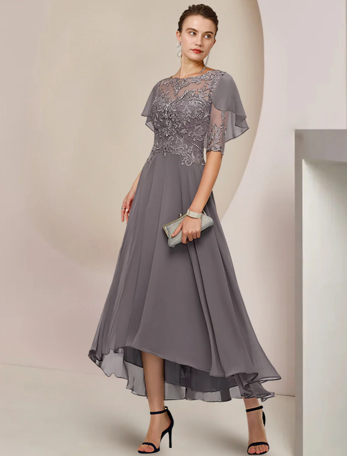 A-Line Mother of the Bride Dress Formal Wedding Guest Elegant Scoop Neck Asymmetrical Tea Length Chiffon Lace Half Sleeve with Beading Appliques - TREBLEV