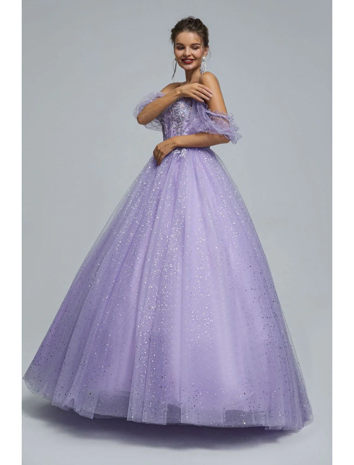 Ball Gown Prom Dresses Princess Dress Graduation Floor Length Short Sleeve Tulle with Sequin Appliques - TREBLEV