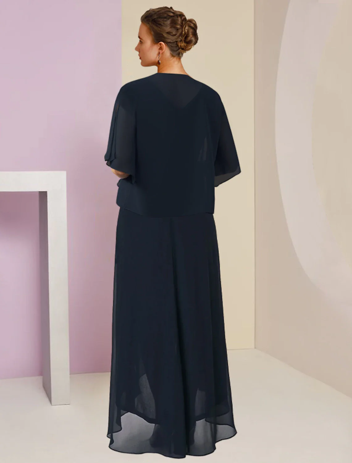 Two Piece A-Line Mother of the Bride Dress Formal Wedding Guest Elegant High Low V Neck Asymmetrical Tea Length Chiffon Lace Sleeveless Wrap Included with Pleats Appliques - TREBLEV