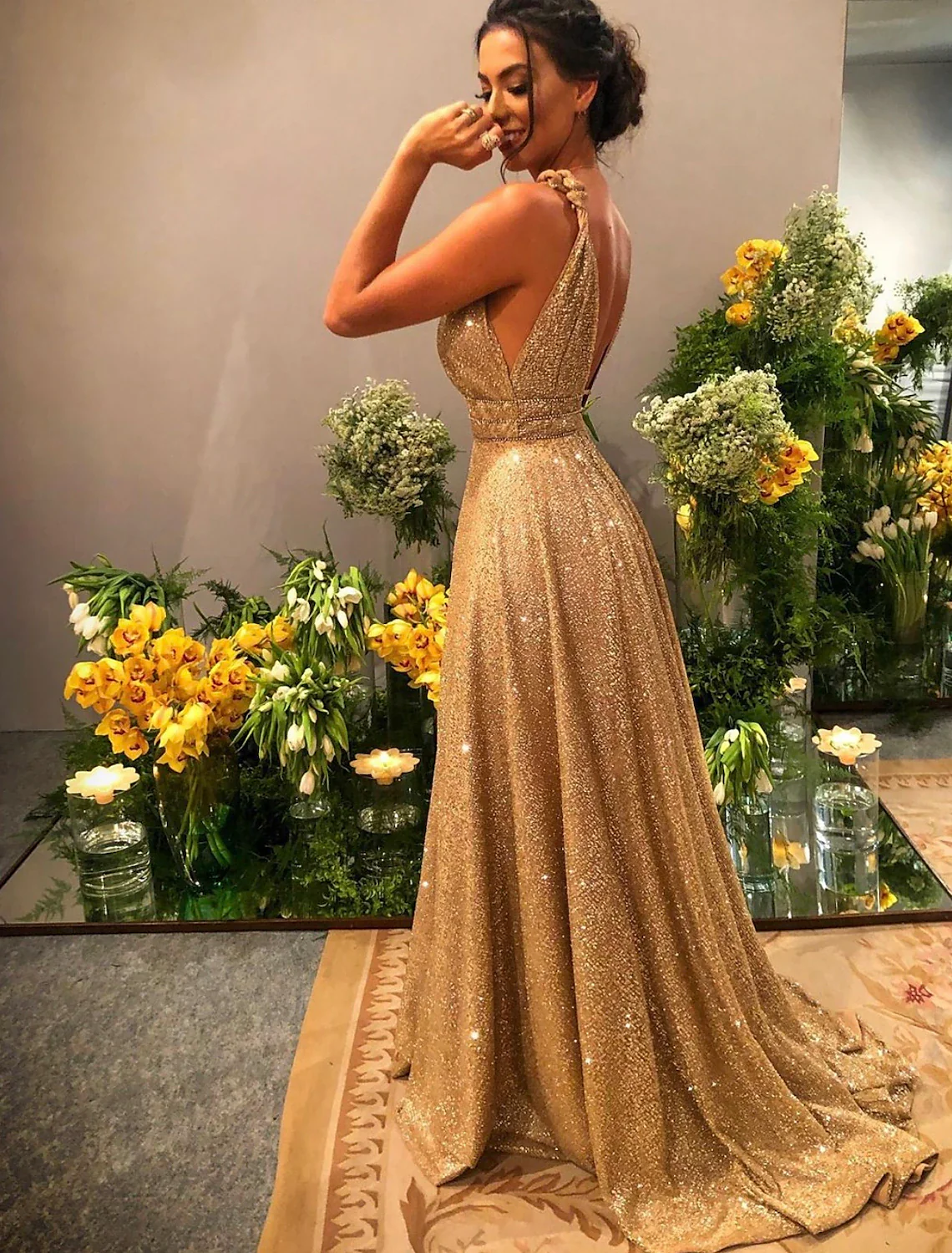 A-Line Prom Dresses Glittering Dress Evening Party Sweep / Brush Train Sleeveless Spaghetti Strap Stretch Satin Backless with Rhinestone - TREBLEV