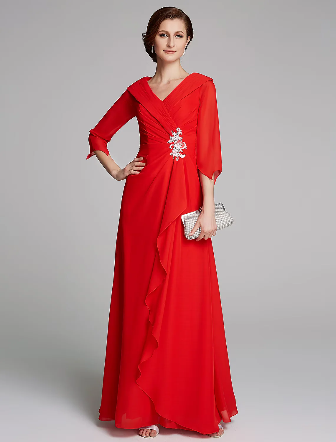 A-Line Mother of the Bride Dress Elegant V Neck Floor Length Chiffon Half Sleeve with Pleats Appliques - TREBLEV