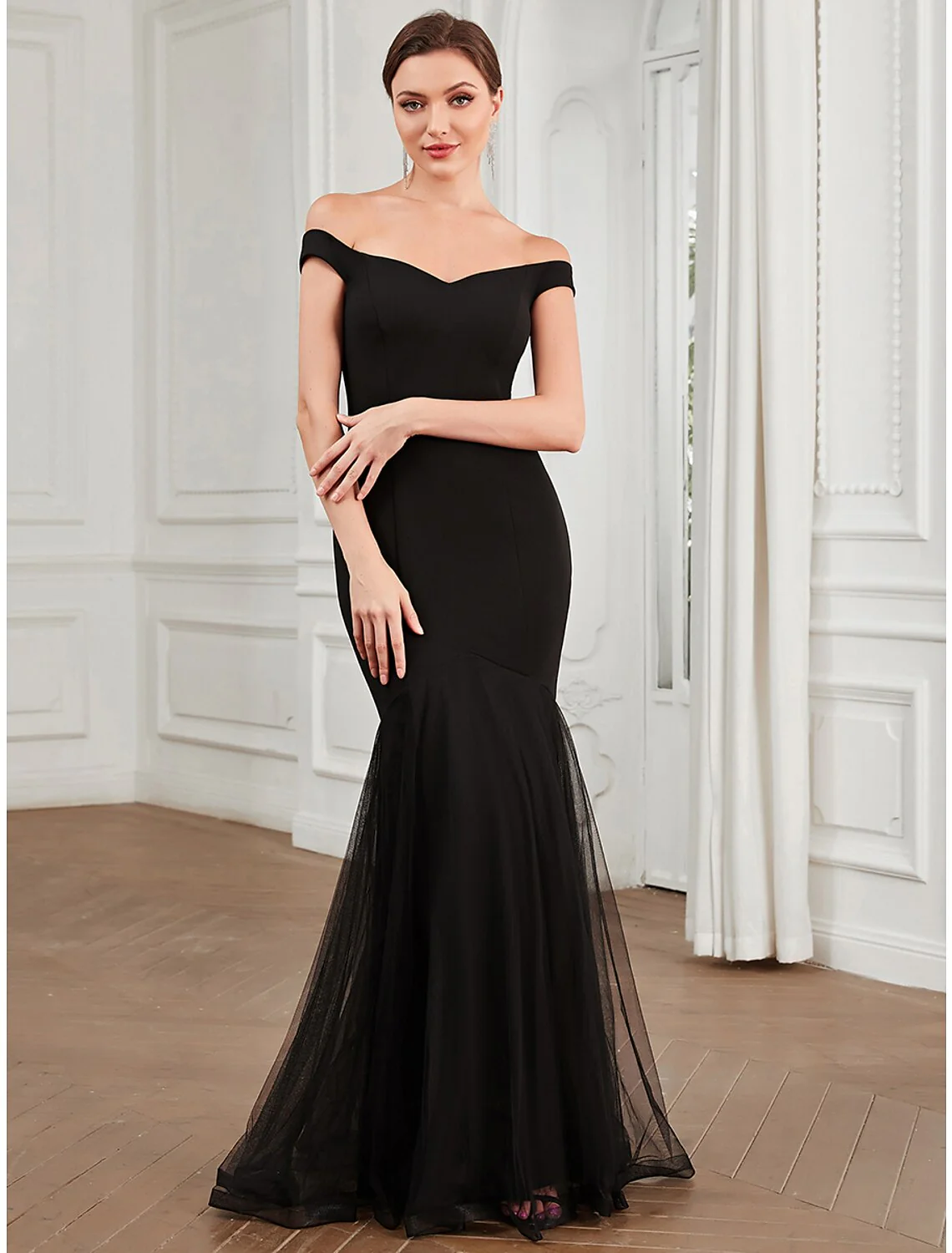 Mermaid / Trumpet Evening Gown Elegant Dress Party Wear Floor Length Sleeveless Off Shoulder Polyester with Pleats - TREBLEV