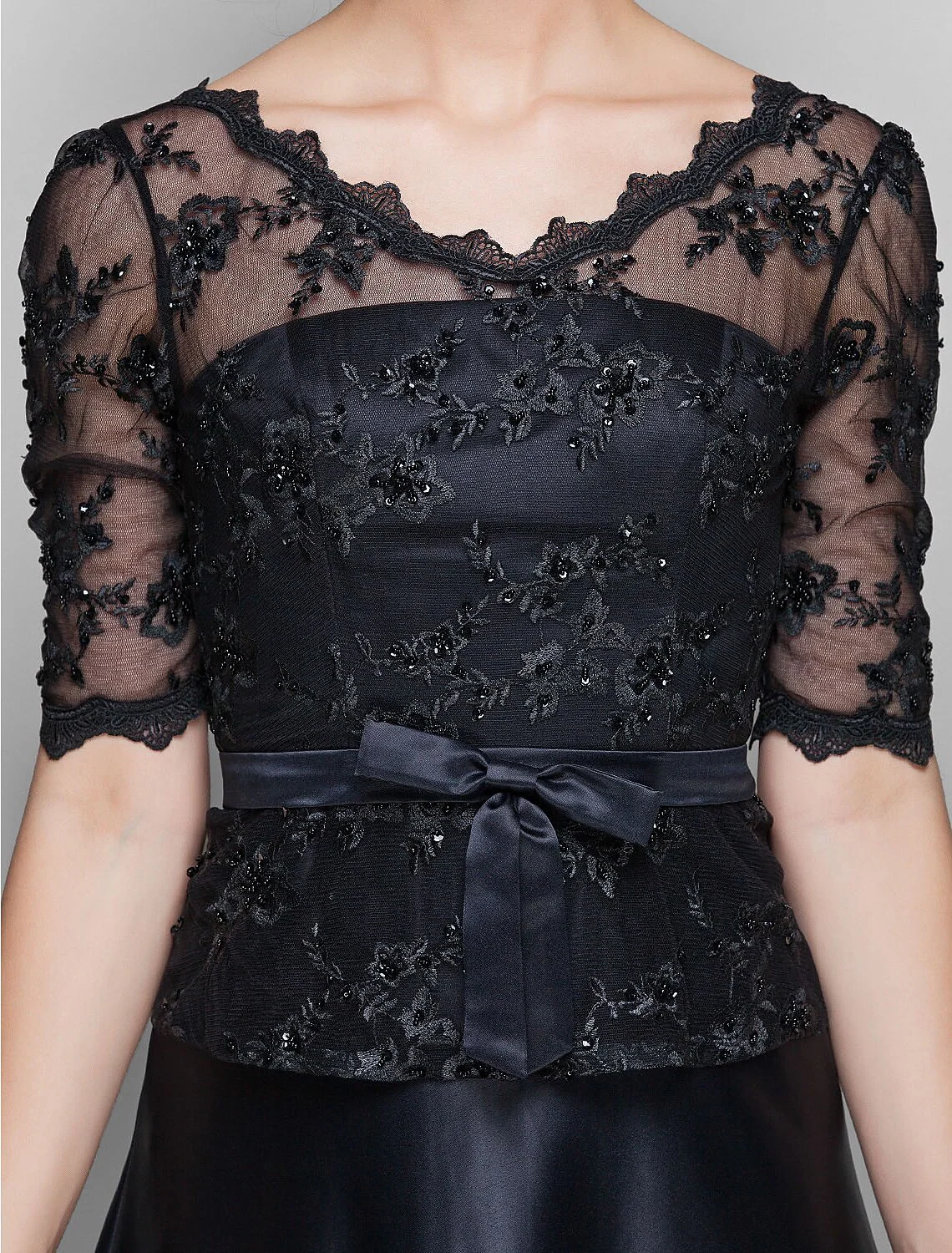 A-Line Mother of the Bride Dress  V Neck Floor Length Satin Lace Half Sleeve with Lace Bow(s) Beading - TREBLEV