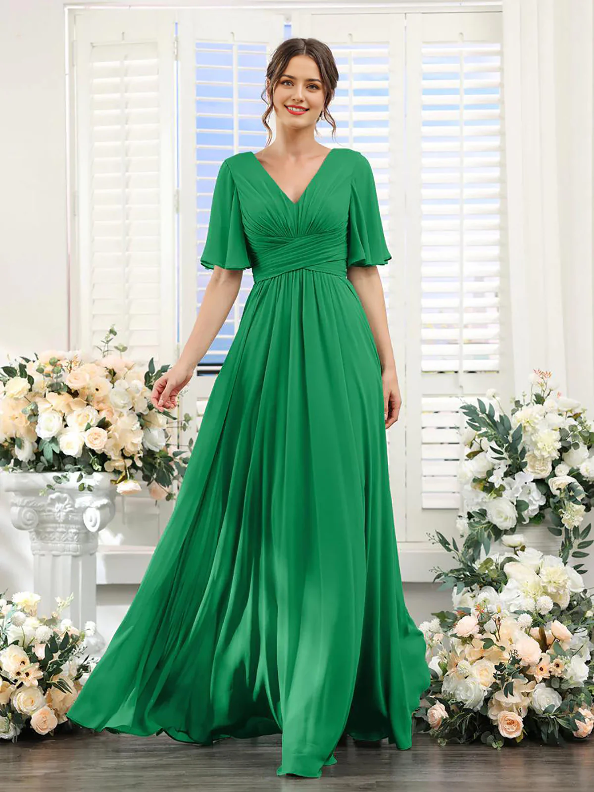 A-Line V Neck Sleeve Long Chiffon Formal Party Dresses for Wedding Guest Bridesmaid Dress - TREBLEV