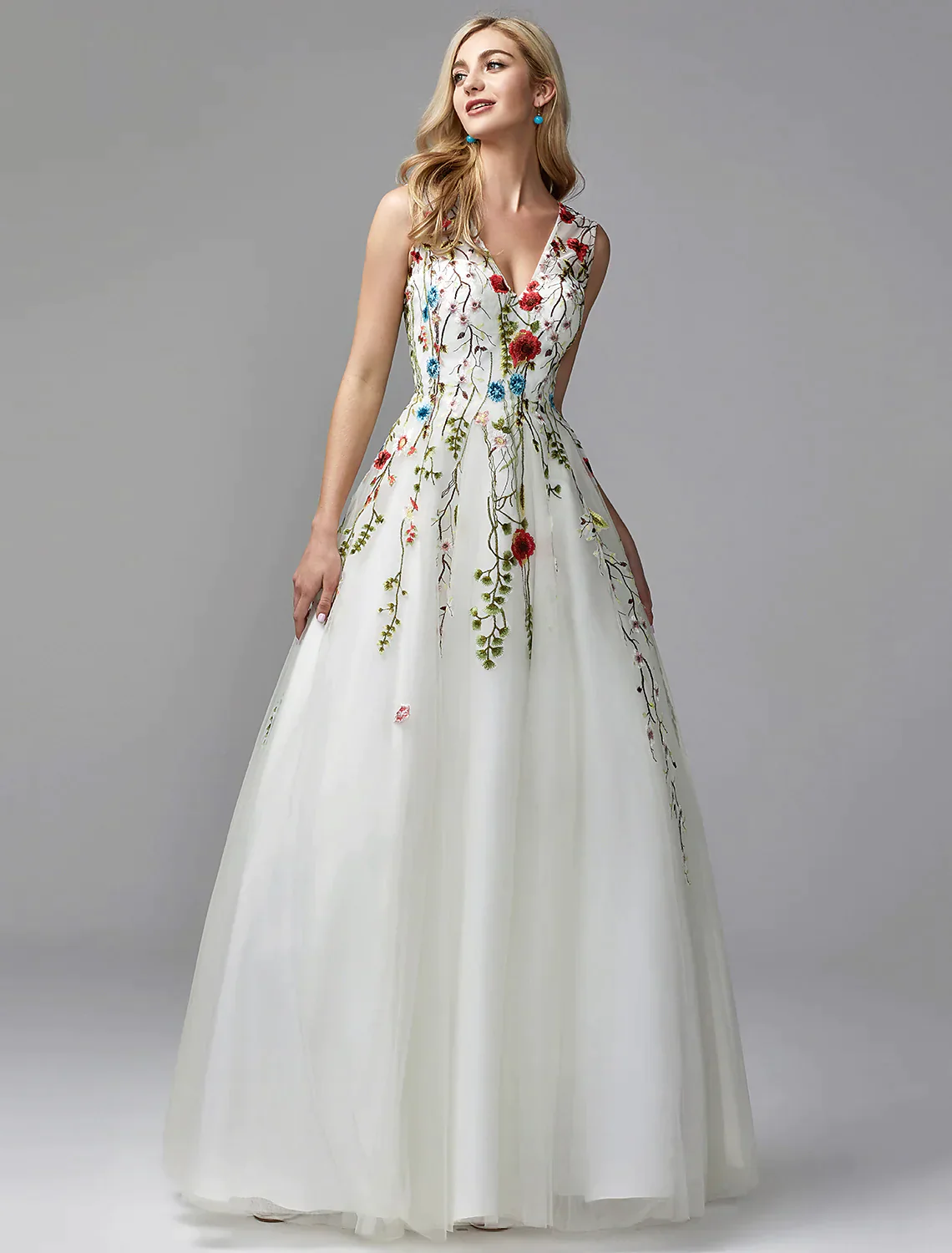 A-Line Dresses Floor Length Sleeveless V Neck Lace with Embroidery Appliques - TREBLEV