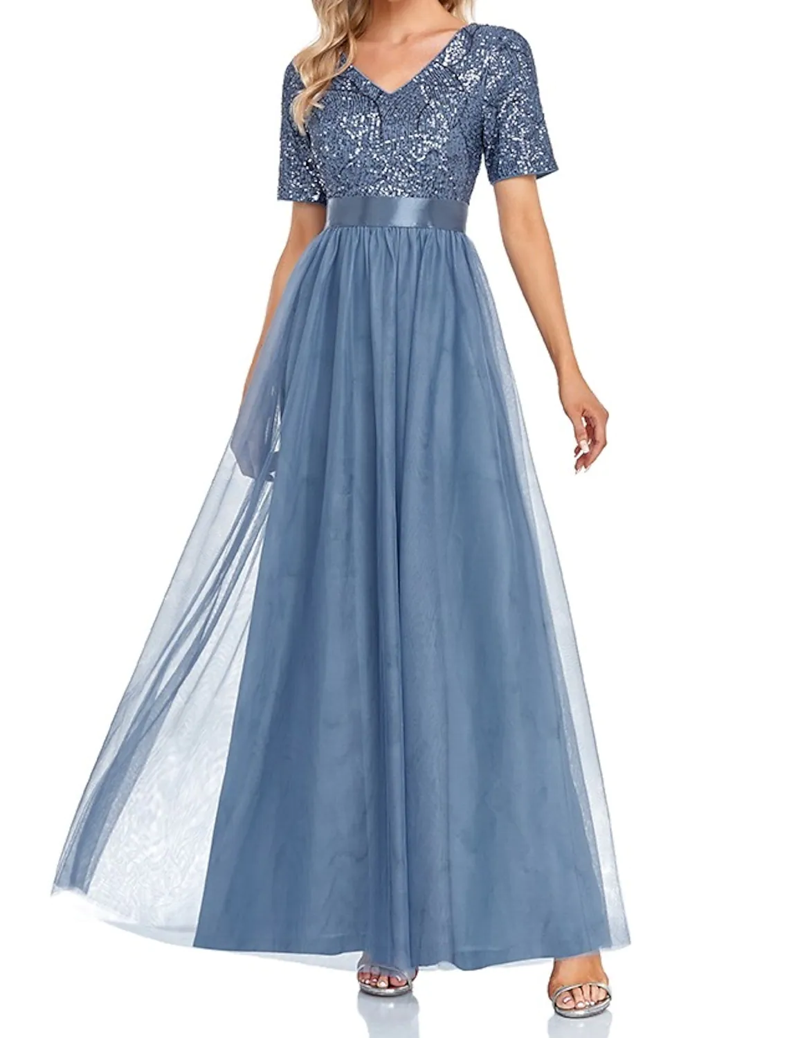 A-Line Evening Gown Elegant Dress Wedding Guest Floor Length Short Sleeve V Neck Tulle with Sequin Splicing - TREBLEV