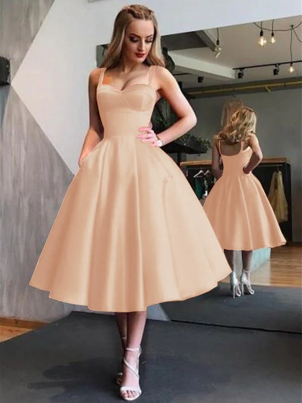 A-Line Straps Satin Sleeveless With Ruffles Tea-Length Dresses - TREBLEV